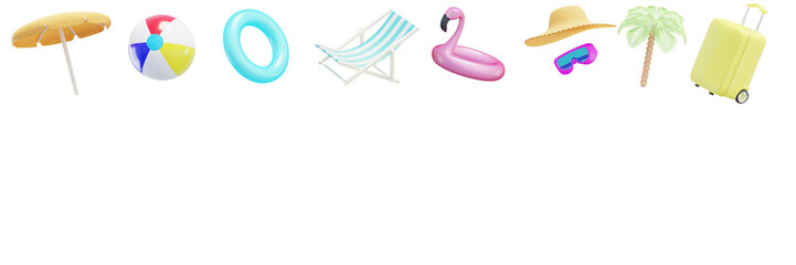 Summer banner. Inflatable ball, glasses, suitcase, flamingo, palm trees, deck chair, hat. 3d rendering