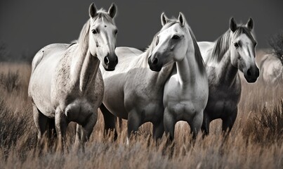 Fototapeta na wymiar a group of horses standing in a field of tall grass. generative ai