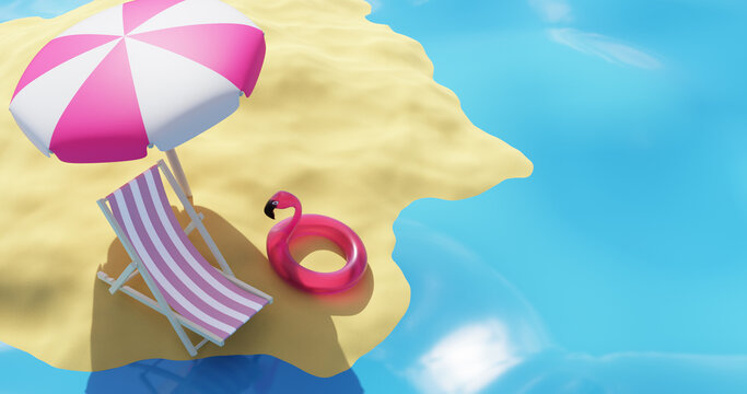 Beach sand with umbrella deck chair inflatable flamingo.3d rendering