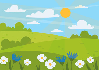 Summer landscape. Beautiful background. Meadow, glade, flowers, bushes, sky, sun and clouds. Vector graphic.
