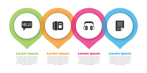 Set Hello in different languages, Telephone handset, Headphones and File document. Business infographic template. Vector
