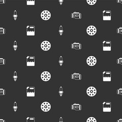 Set Check engine, Canister for gasoline, Car spark plug and Alloy wheel car on seamless pattern. Vector