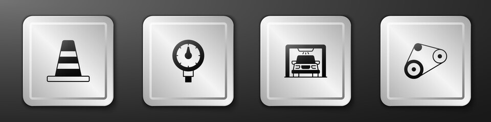 Set Traffic cone, Tire pressure gauge, Car wash and Timing belt kit icon. Silver square button. Vector