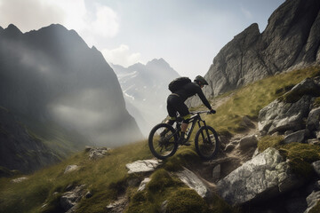 Fototapeta na wymiar MTB bike ride on mountains trial. Active and adventure man on bike. Generative AI