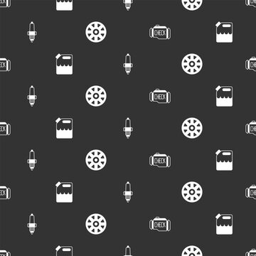 Set Check engine, Canister for gasoline, Car spark plug and Alloy wheel car on seamless pattern. Vector