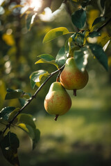 Ripe organic pear fruits on tree in orchard, natural sunlight, blur background. Generative AI