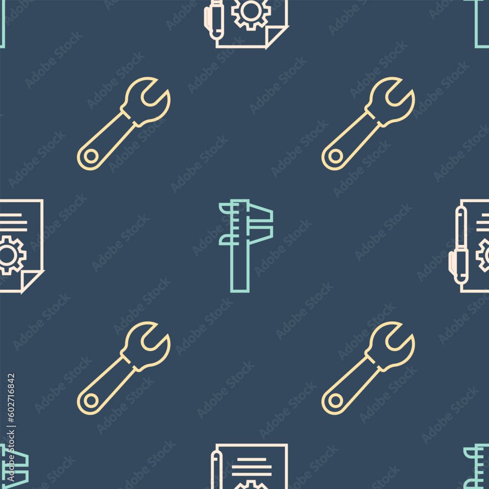 Poster set line document settings and pen, wrench spanner and calliper or caliper scale on seamless pattern