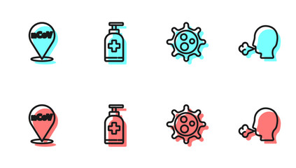 Set line Virus, Corona virus 2019-nCoV on location, Bottle of liquid antibacterial soap and Man coughing icon. Vector