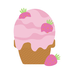 Berry ice cream in a waffle cup. Summer illustration isolated