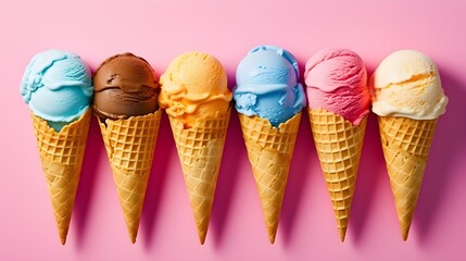 Various of ice cream cones on colorful background
