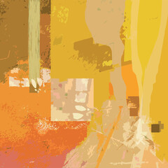 Vecteur à partir d'une Illustration numérique abstraite, motif paysage vue du ciel, carrés et lignes, oeuvre d'art moderne, couleurs jaune vert doré, automne