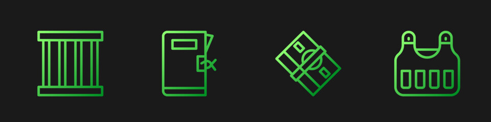 Set line Stacks paper money cash, Prison window, Police station folder and Bulletproof vest. Gradient color icons. Vector
