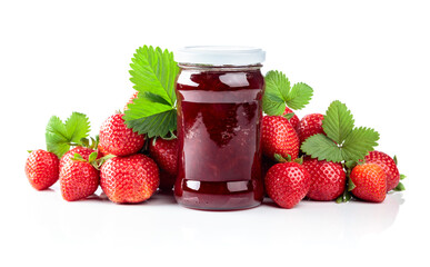 Strawberry jam and fresh berries are isolated on a white background.