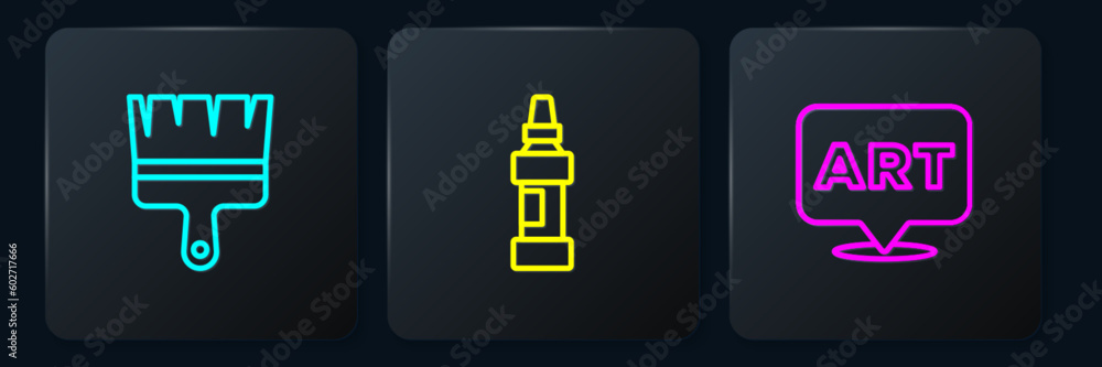 Poster set line paint brush, speech bubble with text art and marker pen. black square button. vector