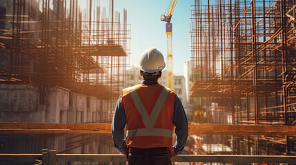 A civil engineer stands looking at the construction site. Generative AI.