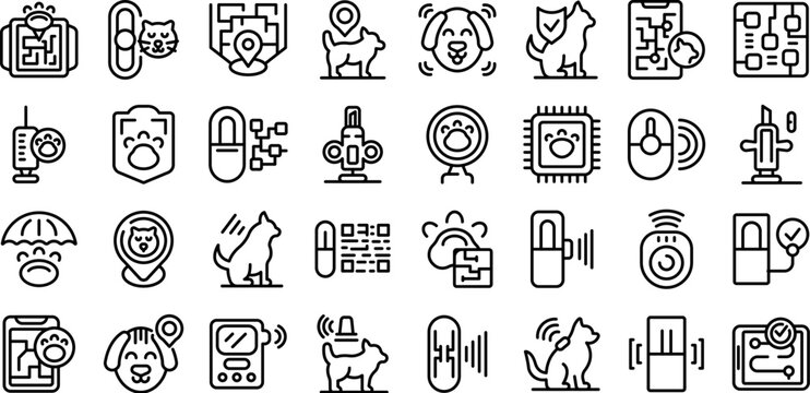 Microchip for pet icons set outline vector. Digital future. Reader teg