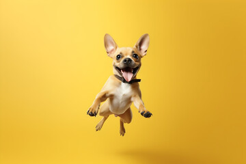Happy dog ​​jumping on a yellow background. 
Great concept for banners for petshops and virtual stores in the pet niche. Generative AI