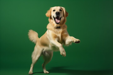 Happy dog ​​jumping on a green background. 
Great concept for banners for petshops and virtual stores in the pet niche. Generative AI