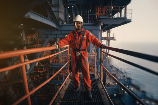 Oil rig worker in orange high visibility vest and yellow helmet standing on offshore platform, wide banner space for text right side. Generative AI