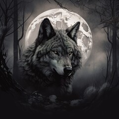 A wolf on the background of the forest and mountains.