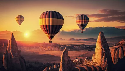 Poster Beautiful Generative AI illustration of hot air balloons flying over an epic wild mountain landscape during sunrise golden hour © veneratio