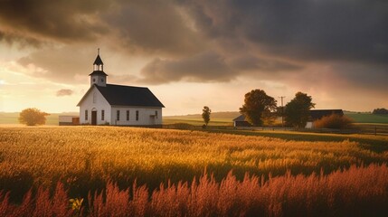 a white wooden American Protestant church in the fields - generative ai - obrazy, fototapety, plakaty