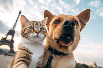 Fototapeta na wymiar Funny and cute dog and cat freinds taking selfie while on travel. Generative AI