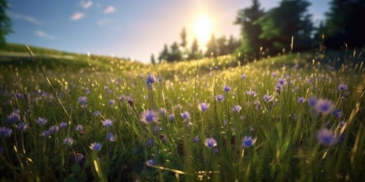 green grass and blue wild flowers on a sunny day Generative AI