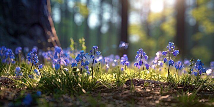 an afternoon in the forest with blue flowers glowing in the sun Generative AI
