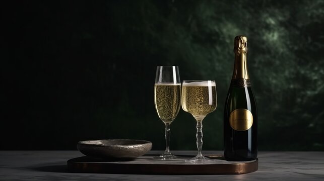 Champagne bottle with goblet champaign. Generative ai