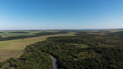aerial view of the Jacare Pepira River and riparian forest, in a stretch in the city of Bariri, Sao Paulo