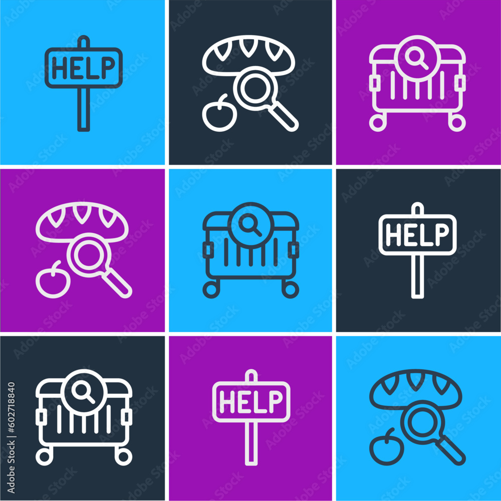 Poster set line ask for help text, searching food and icon. vector