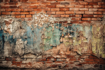 Red bricks wall background, grungy wall with old paint texture. Copy space. Generative AI