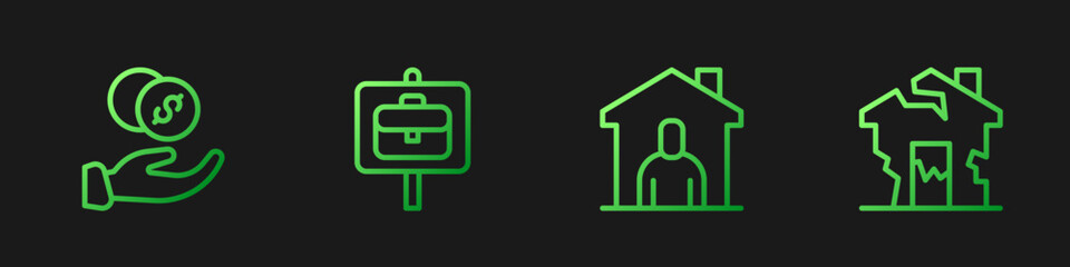 Set line Shelter for homeless, Donation hand with money, Work search and Ruined house. Gradient color icons. Vector