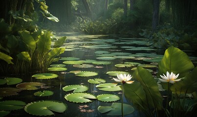  a painting of lily pads and water lillies in a pond.  generative ai - obrazy, fototapety, plakaty