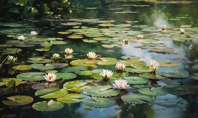  a painting of water lilies in a pond with lily pads.  generative ai - obrazy, fototapety, plakaty