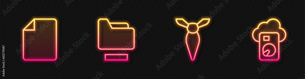 Poster set line tie, file document, document folder and cloud database. glowing neon icon. vector