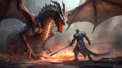 A human-enhanced battle between a knight and a dragon was generated. (Generative AI) - 602719010