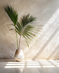 The cream white concrete wall has tropical leaf shadow and sunlight. (Generative AI)