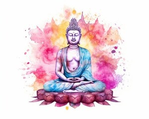 A colorful meditating Buddha sculpture on white background. (Generative AI)
