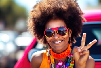 Close up portrait of a beautiful young african american woman with afro hairstyle wearing sunglasses and colorful scarf smiling and showing peace sign. - made with Generative AI