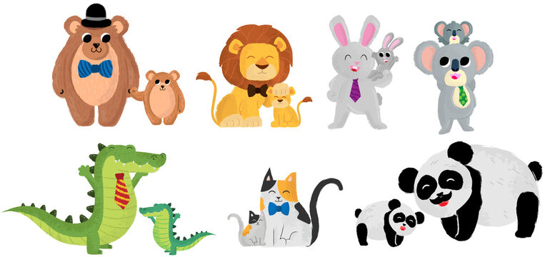 Illustrations of Father's Day cute animals on Father's Day. cute childhood with father. Happy father's day, animal cartoon,