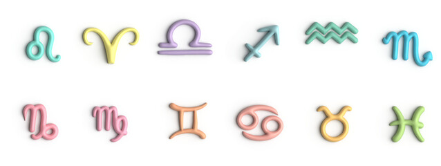 Set of zodiac signs. 3D illustration. Astrological zodiac signs. Aries, taurus, leo and gemini horoscope, virgo, scorpio, libra, aquarius zodiac, sagittarius, pisces, capricorn, cancer vector symbols