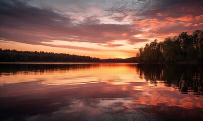 Obraz premium a sunset over a lake with trees in the distance and clouds in the sky. generative ai