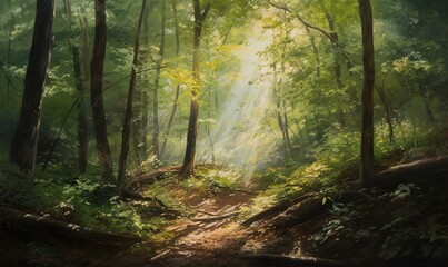  a painting of a forest with sunlight coming through the trees.  generative ai