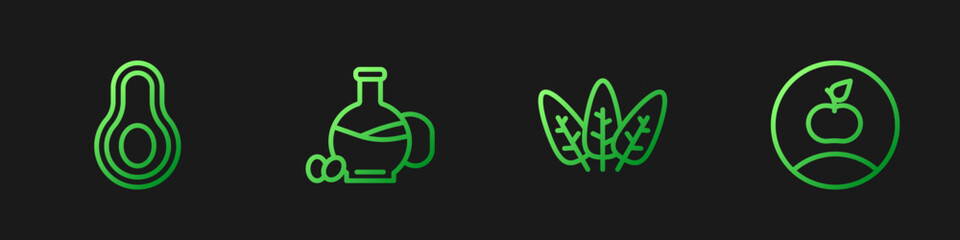 Set line Leaf, Avocado fruit, Bottle of olive oil and Apple. Gradient color icons. Vector