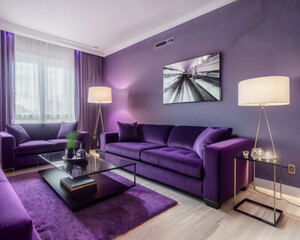 Interior design of a living room with long purple sofa and cushions in contemporary style | Purple theme | Interior design | Interior décor | Generative Ai