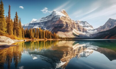  a mountain range is reflected in the still water of a lake.  generative ai