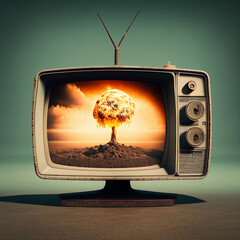 Visão de uma explosão nuclear reproduzida em uma televisão antiga IA generativa