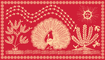Nature's Beauty in Warli Art: Peacocks, Trees and a Vibrant Sky. Tree Warli Painting, Wallpaper illustration, warli art, Vector. Warli Art Painting-Celebration in Tribal Village.